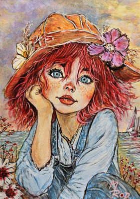 MÄDCHEN MIT HUT Nr.2; 30,5x21,5 cm; Acryl auf Aquarellpapier hinter Plexiglas inklusive Rahmen (Original nicht mehr erhältlich) 