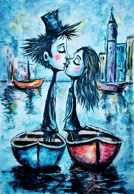 NEU (noch nicht fertiggestellt) - ROMEO & JULIA; 30x21 cm; Aquarell inkl. Rahmen und Plexiglas; Preis € 150,-