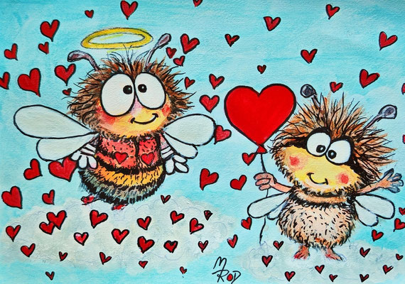 BIENENLIEBE Nr.1, 21x30 cm, Acryl auf Aquarellpapier hinter Plexiglas inklusive Rahmen, Preis € 120,-