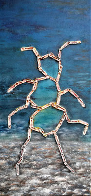 BÜROKLAMEISE IN THE CLOUDS; 80x40 cm; Mixed Media auf Leinen; Preis € 200,-