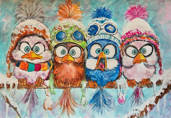 (noch nicht fertiggestellt) - ANGRY BIRDS Nr.2; 30,5x21,5 cm; Acryl auf Aquarellpapier hinter Plexiglas inklusive Rahmen; Preis € 120,-