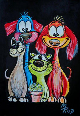 SILLY DOGS Nr.2, 30x21 cm, Acryl auf Aquarellpapier hinter Plexiglas inklusive Rahmen, Preis € 120,-