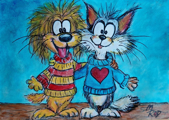 HUNDEFREUNDSCHAFT Nr.2, 21x30 cm, Acryl auf Aquarellpapier hinter Plexiglas inklusive Rahmen, Preis € 120,- 