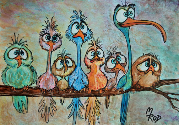 (noch nicht fertiggestellt) - SILLY BIRDS Nr.1; 30,5x21,5 cm; Acryl auf Aquarellpapier hinter Plexiglas inklusive Rahmen; Preis € 120,-