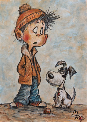 JUNGE MIT HUND Nr.1; 30,5x21,5 cm; Acryl auf Aquarellpapier hinter Plexiglas inklusive Rahmen; Preis € 120,-