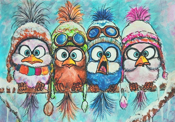 (noch nicht fertiggestellt) - ANGRY BIRDS Nr.2; 30,5x21,5 cm; Acryl auf Aquarellpapier hinter Plexiglas inklusive Rahmen; Preis € 120,-