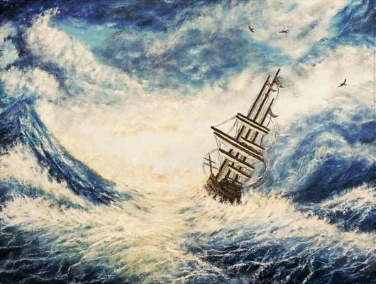 SCHIFF IM STURM, 60x80 cm, Acryl auf Leinen, Preis € 350,-