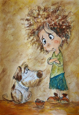 (noch nicht fertiggestellt) - MÄDCHEN MIT HUND Nr.1; 30,5x21,5 cm; Acryl auf Aquarellpapier hinter Plexiglas inklusive Rahmen; Preis € 120,-