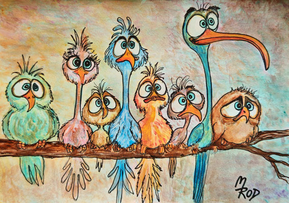 (noch nicht fertiggestellt) - SILLY BIRDS Nr.1; 30,5x21,5 cm; Acryl auf Aquarellpapier hinter Plexiglas inklusive Rahmen; Preis € 120,-