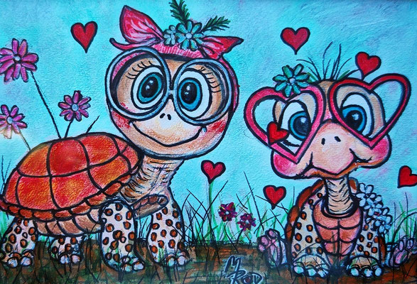 SCHILDKRÖTENLIEBE Nr.1, 21x30 cm, Acryl auf Aquarellpapier hinter Plexiglas inklusive Rahmen, Preis € 120,-