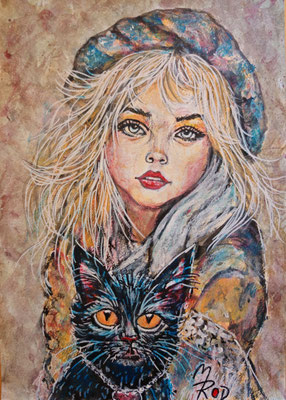 MÄDCHEN MIT KATZE Nr.1; 30,5x21,5 cm; Acryl auf Aquarellpapier hinter Plexiglas inklusive Rahmen; Preis € 120,-