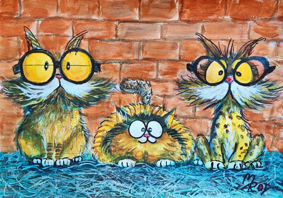 FUNNY CATS Nr.11, 21x30 cm, Acryl auf Aquarellpapier hinter Plexiglas inklusive Rahmen, Preis € 120,-