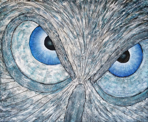 BLUE UHU, 100x120 cm, Mixed Media Art aof Leinen (NICHT ERHÄLTLICH)