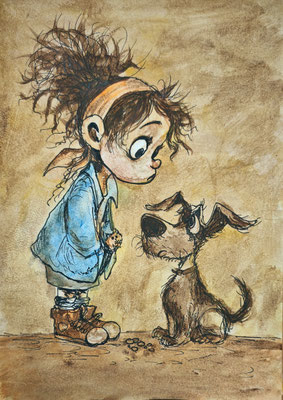 (noch nicht fertiggestellt) - MÄDCHEN MIT HUND Nr.3; 30,5x21,5 cm; Acryl auf Aquarellpapier hinter Plexiglas inklusive Rahmen; Preis € 120,-