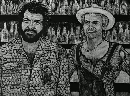 TERENCE HILL & BUD SPENCER Nr.2; 60x80 cm; Gesso auf Leinen mit Schlussfirnis matt; Preis € 350,- 