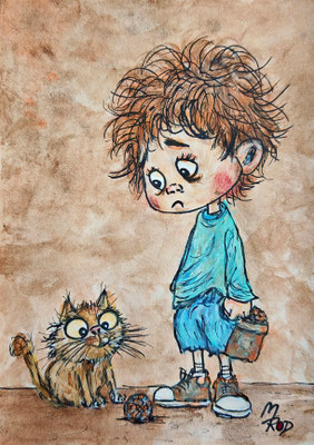 JUNGE MIT KATZE Nr.1, 21x30 cm, Acryl auf Aquarellpapier hinter Plexiglas inklusive Rahmen, Preis € 120,-