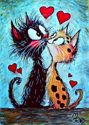 KATZENLIEBE Nr.1; 30,5x21,5 cm; Acryl auf Aquarellpapier hinter Plexiglas inklusive Rahmen; Preis € 120,-