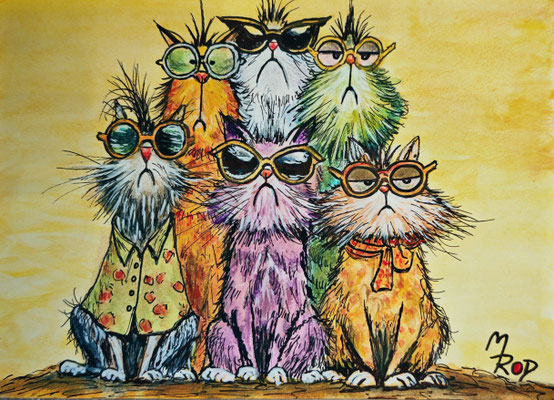 COOL CATS Nr.1, 30x21 cm, Acryl auf Aquarellpapier hinter Plexiglas inklusive Rahmen (NICHT ERHÄLTLICH) 
