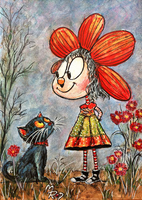 BLUMENMÄDCHEN MIT KATZE Nr.1; 30,5x21,5 cm; Acryl auf Aquarellpapier hinter Plexiglas inklusive Rahme n; Preis € 120,-