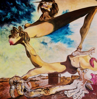 WEICHE KONSTRUKTION AUF GEKOCHTEN BOHNEN (nach Salvador Dali); 60x60 cm; Öl auf Leinen mit Schlussfirnis seidenmatt; Preis € 500,-