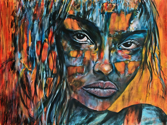 DIE KRIEGERIN Nr.1, 40x30 cm, Acryl auf Leinenpapier hinter Plexiglas inklusive Rahmen, Preis € 200,-
