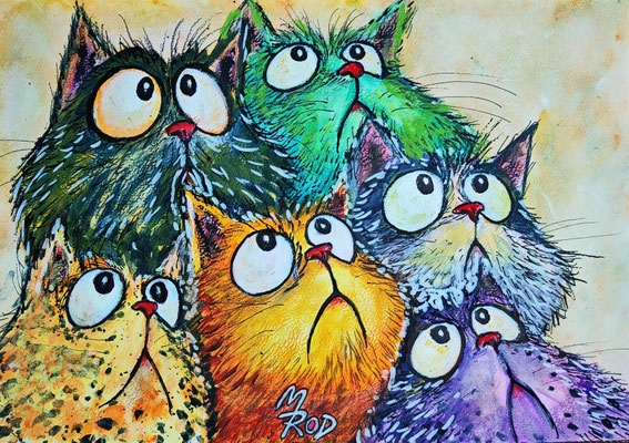 COOL CATS Nr.5, 21x30 cm, Acryl auf Aquarellpapier hinter Plexiglas inklusive Rahmen (NICHT ERHÄLTLICH) 