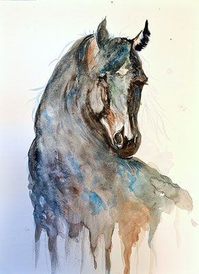 (noch nicht fertiggestellt) -  PFERD Nr.1; 51,5x41,5 cm; Aquarell/Gesso mit Passepartout, Plexiglas und Rahmen; Preis € 200,-
