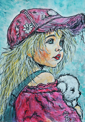 MÄDCHEN MIT HUND Nr.1, 30x21 cm, Acryl auf Aquarellpapier hinter Plexiglas inklusive Rahmen (NICHT ERHÄLTLICH) 