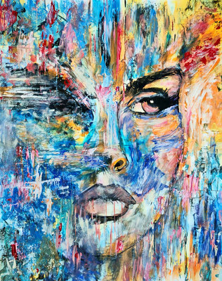 FACES Nr.4, 50x40 cm, Acryl auf Leinenpapier hinter Plexiglas inklusive Rahmen, Preis € 260,-