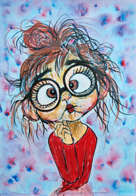 MÄDCHEN MIT BRILLE Nr.2, 30x21 cm, Acryl auf Aquarellpapier hinter Plexiglas inklusive Rahmen, Preis € 120,- 