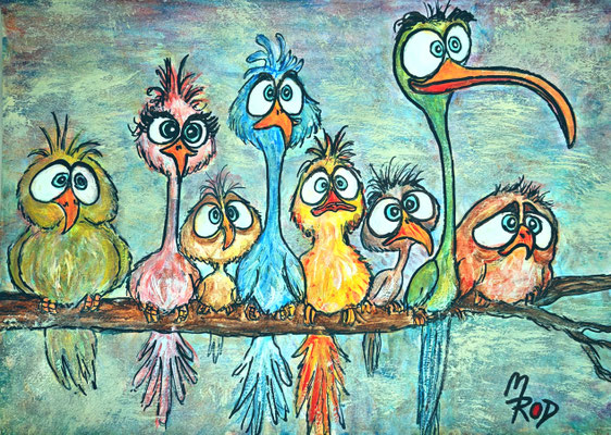 SILLY BIRDS Nr.1, 21x30 cm, Acryl auf Aquarellpapier hinter Plexiglas inklusive Rahmen, Preis € 120,-