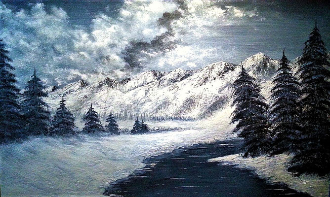 WINTER LANDSCAPE; 42x56 cm; Acryl auf Malplatte mit Schlussfirnis seidenmatt; Preis € 250,-