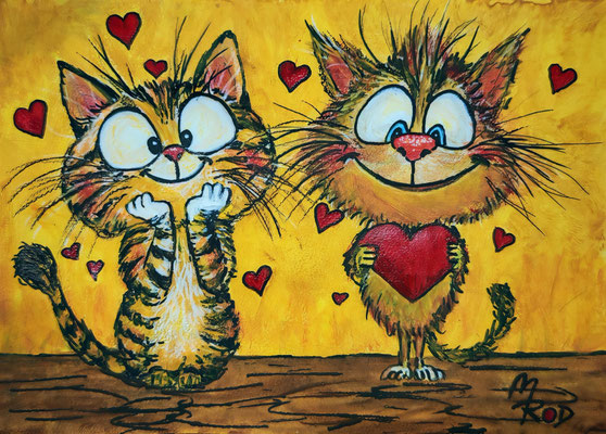 KATZENLIEBE Nr.3, 21x30 cm, Acryl auf Aquarellpapier hinter Plexiglas inklusive Rahmen (NICHT ERHÄLTLICH) 