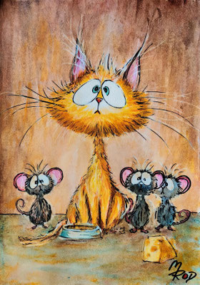 KATZE MIT MÄUSEN Nr.1, 30x21 cm, Acryl auf Aquarellpapier hinter Plexiglas inklusive Rahmen, Preis € 120,-