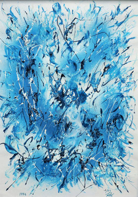 BLAUWEISS; DIN A4; Lack auf Papier mit Metallrahmen; Preis € 200,-