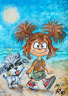 MÄDCHEN MIT ZÖPFEN UND HUND Nr.1, 30x21 cm, Acryl auf Aquarellpapier hinter Plexiglas inklusive Rahmen, Preis € 120,- 