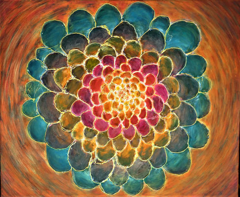 BLÜTONIUM; 80x100 cm; Mixed Media auf Leinen; Preis € 500,-