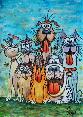 SILLY DOGS Nr.3, 30x21 cm, Acryl auf Aquarellpapier hinter Plexiglas inklusive Rahmen, Preis € 120,- 