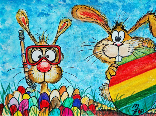 HASENLIEBE Nr.1, 21x30 cm, Acryl auf Aquarellpapier hinter Plexiglas inklusive Rahmen, Preis € 120,-