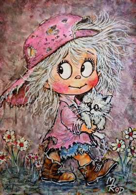 JUNGE MIT KATZE Nr., 30x21 cm, Acryl auf Aquarellpapier hinter Plexiglas inklusive Rahmen, Preis € 120,-