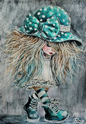 MÄDCHEN MIT HUT Nr.1; 30,5x21,5 cm; Acryl auf Aquarellpapier hinter Plexiglas inklusive Rahmen; Preis € 120,-