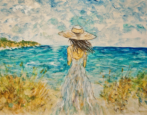 (noch in Arbeit) FRAU AM MEER Nr.2; 30x40 cm; Acryl auf Leinenpapier hinter Plexiglas inklusive Rahmen; Preis € 250,-