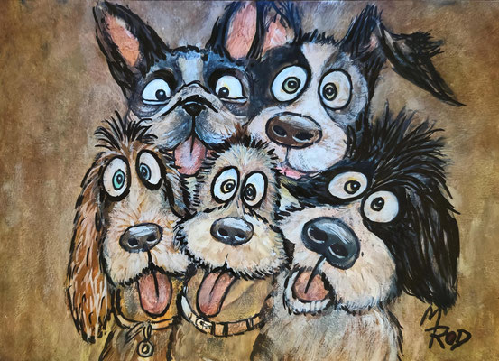 SILLY DOGS Nr.1, 21x30 cm, Acryl auf Aquarellpapier hinter Plexiglas inklusive Rahmen, Preis € 120,-