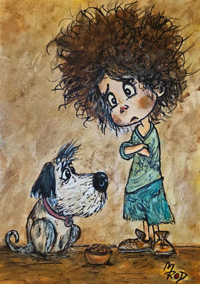 MÄDCHEN MIT HUND Nr.1, 21x30 cm, Acryl auf Aquarellpapier hinter Plexiglas inklusive Rahmen (NICHT ERHÄLTLICH) 