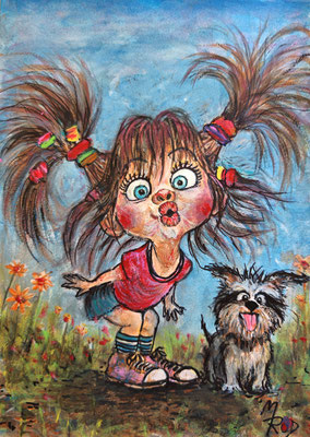 MÄDCHEN MIT ZÖPFEN Nr.1; 30,5x21,5 cm; Acryl auf Aquarellpapier hinter Plexiglas inklusive Rahmen (Original nicht mehr erhältlich) 