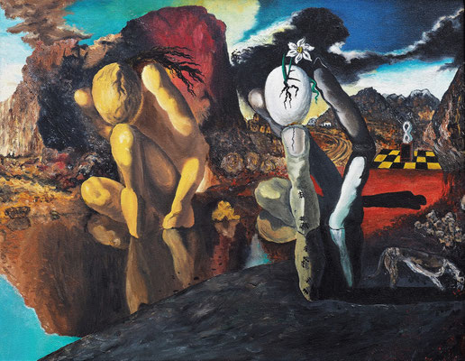 METAMORPHOSE DES NARZISS (nach Salvador Dali); 50x70 cm; Öl auf Leinen mit Schlussfirnis seidenmatt; schwarz gerahmt; Preis € 500,-