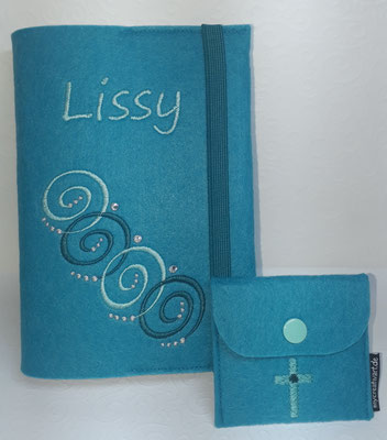 Stickmotiv Spiralkette in türkis-mint auf Filz in lago und Rosenkranztäschchen Kreuz (Stickdatei von Tanja Resing - himbeerdesign)