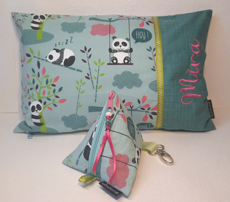 Flauschkissen, Schnullerkette in Pandas mint
