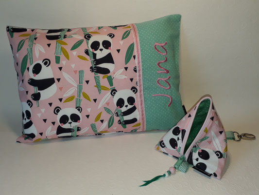 Flauschkissen, Schnullertasche mit "Pandas rosa" - Stoff reicht nur noch für ein Wärmekissen!!!