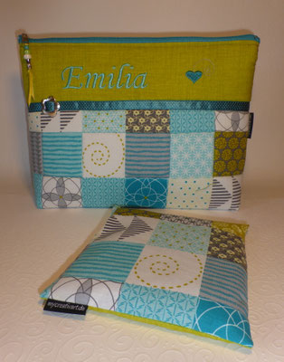 Wickeltasche, Wärmekissen in "Patchworkstoff türkis-grün-grau"